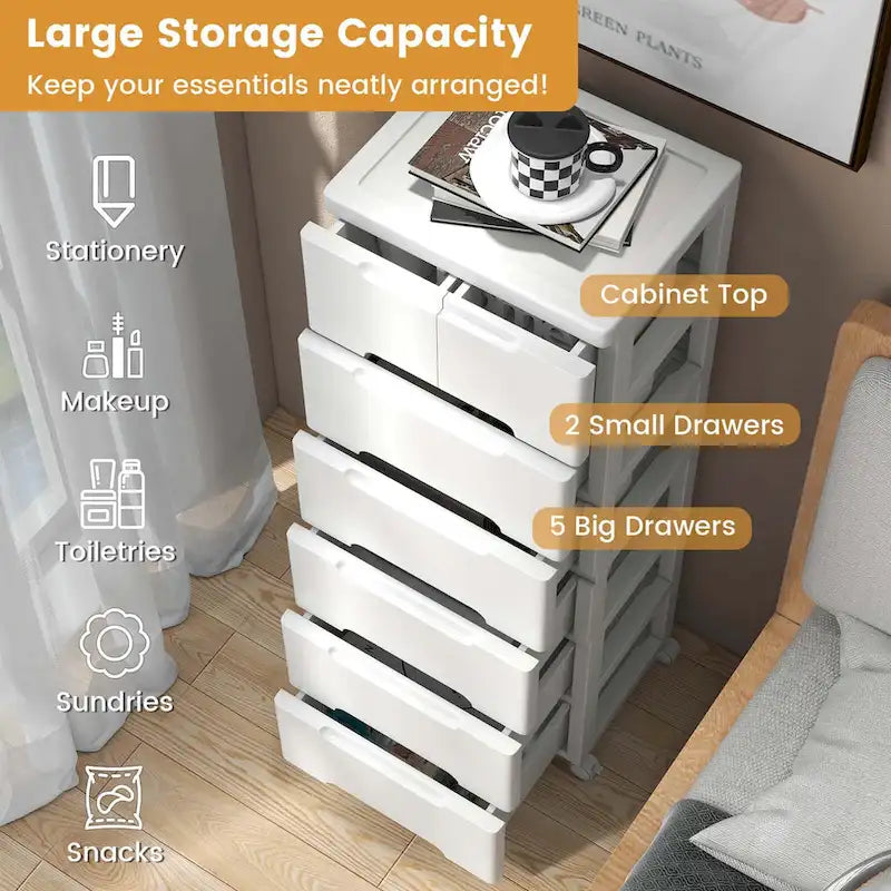 1 PCS 7-Drawer Plastic Rolling Storage Cart with 4 Universal - See Details