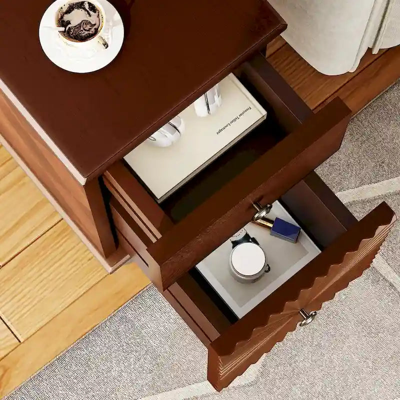 2 Drawer Modern Sofa Side Table, Solid Wood Narrow Side Table, Slim Nightstand for Living Room, Bedroom