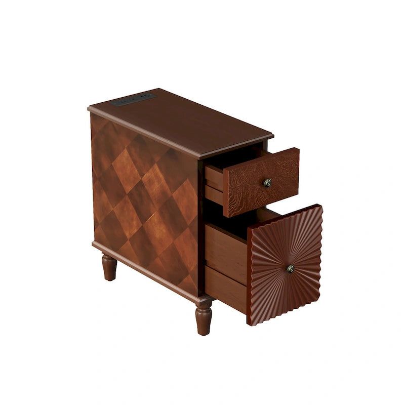 2 Drawer Modern Sofa Side Table, Solid Wood Narrow Side Table, Slim Nightstand for Living Room, Bedroom