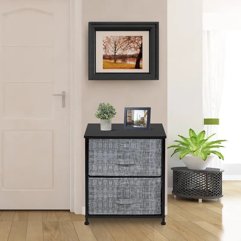 2 Drawer Nightstand Dresser Organizer Steel Frame Wood Top Fabric Bins