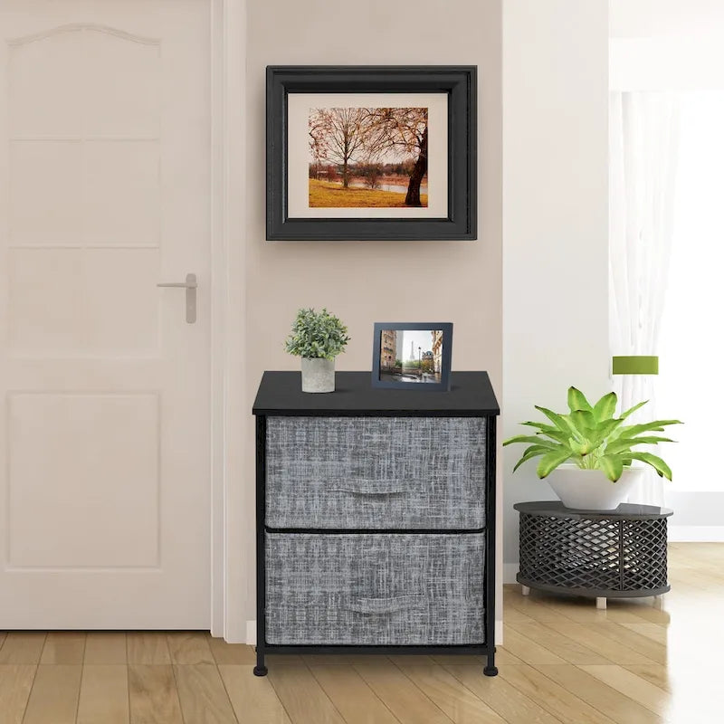 2 Drawer Nightstand Dresser Organizer Steel Frame Wood Top Fabric Bins